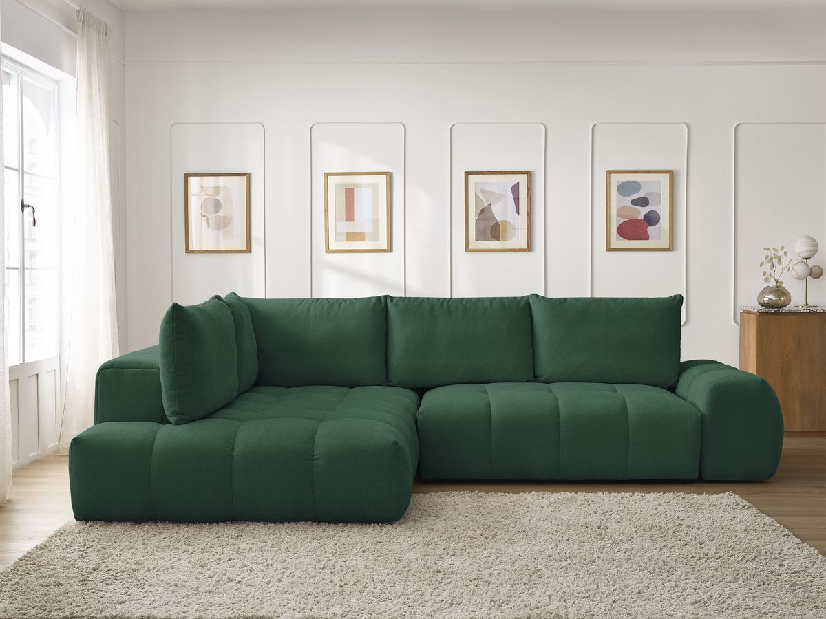 Bobochic Everest Ecksofa mit Schlaffunktion und Bettkasten 320 × 212 cm, 5 Kissen Strukturstoff Grün Ecke links
