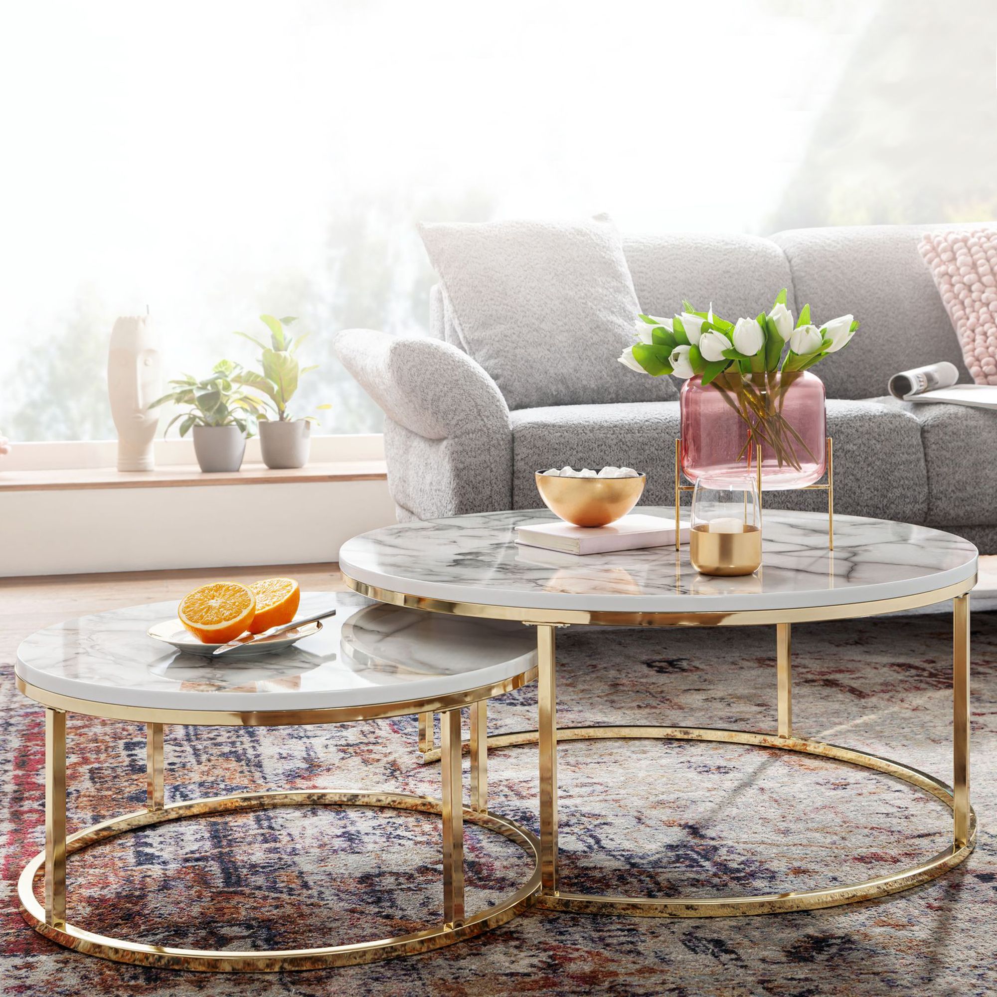 Satztisch 2er-Set Kaldakinn Marmoroptik Gold Ø 80 cm