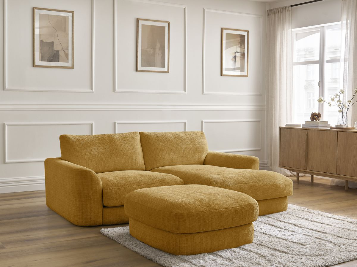 Bobochic Leonore Ecksofa mit Pouf Strukturstoff Gelb Ecke rechts