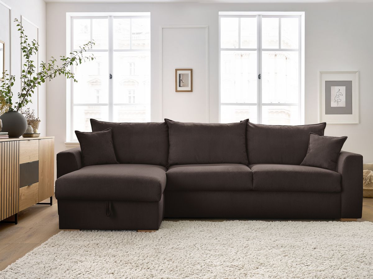 Bobochic Augustin Ecksofa mit Schlaffunktion und Bettkasten Cordsamt Braun, Liegefläche 160 × 200 cm