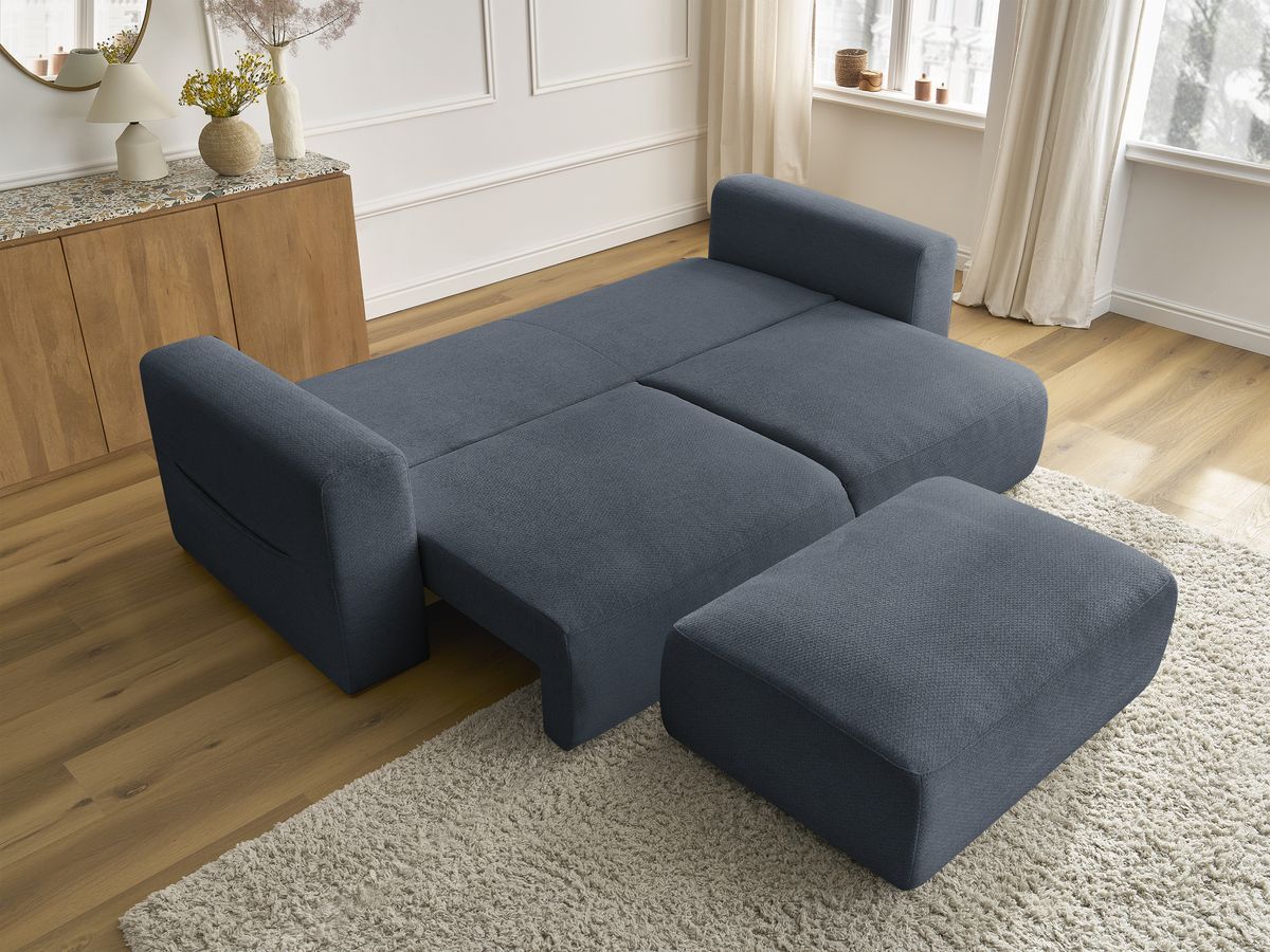 Bobochic Sidonie Schlafsofa 4-Sitzer mit Bettkasten und Pouf Melange-Stoff Dunkelblau