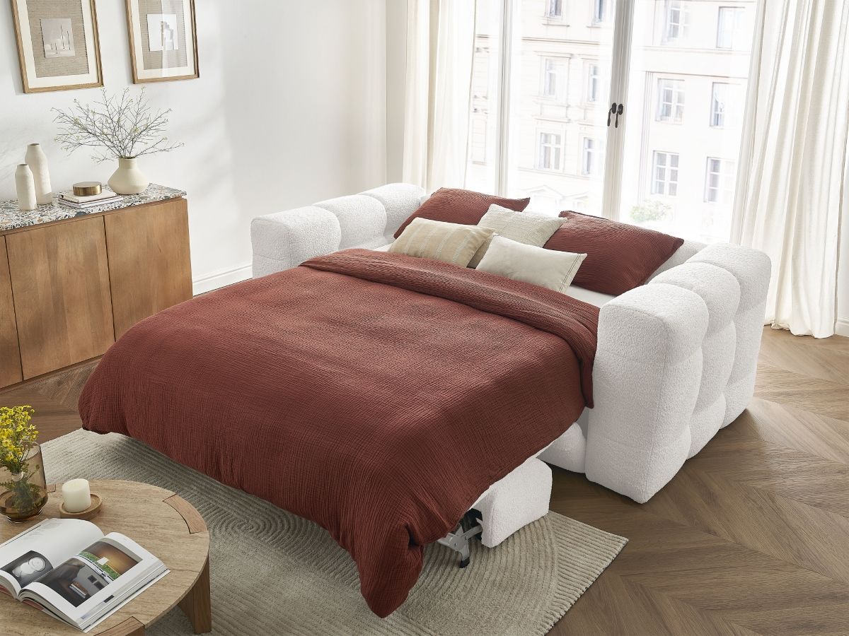 Bobochic Cloud Schlafsofa 3-Sitzer Bouclé-Stoff Weiß