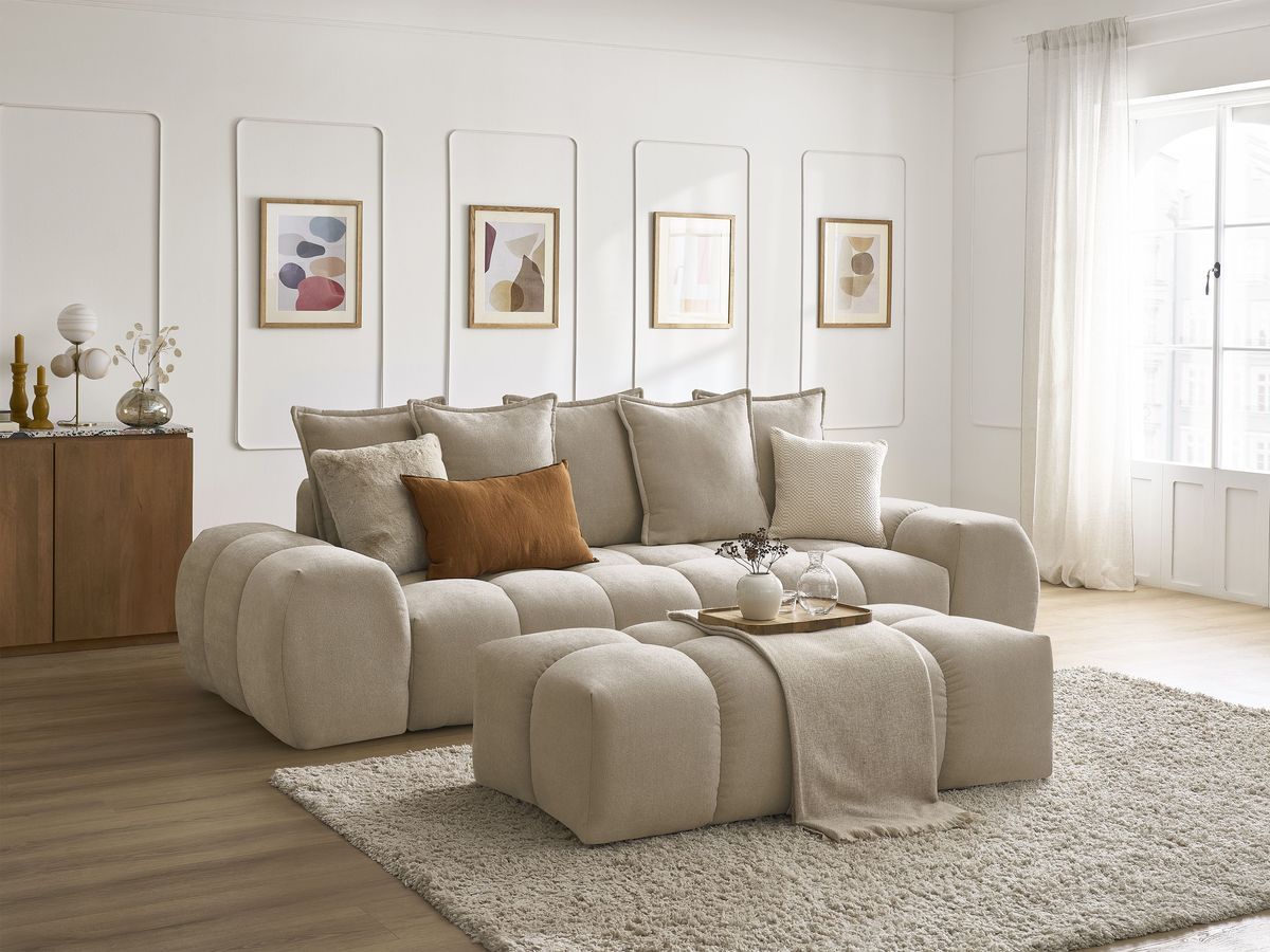 Bobochic Everest Schlafsofa 3-Sitzer mit Bettkasten und Pouf, 5 Kissen Strukturstoff Taupe