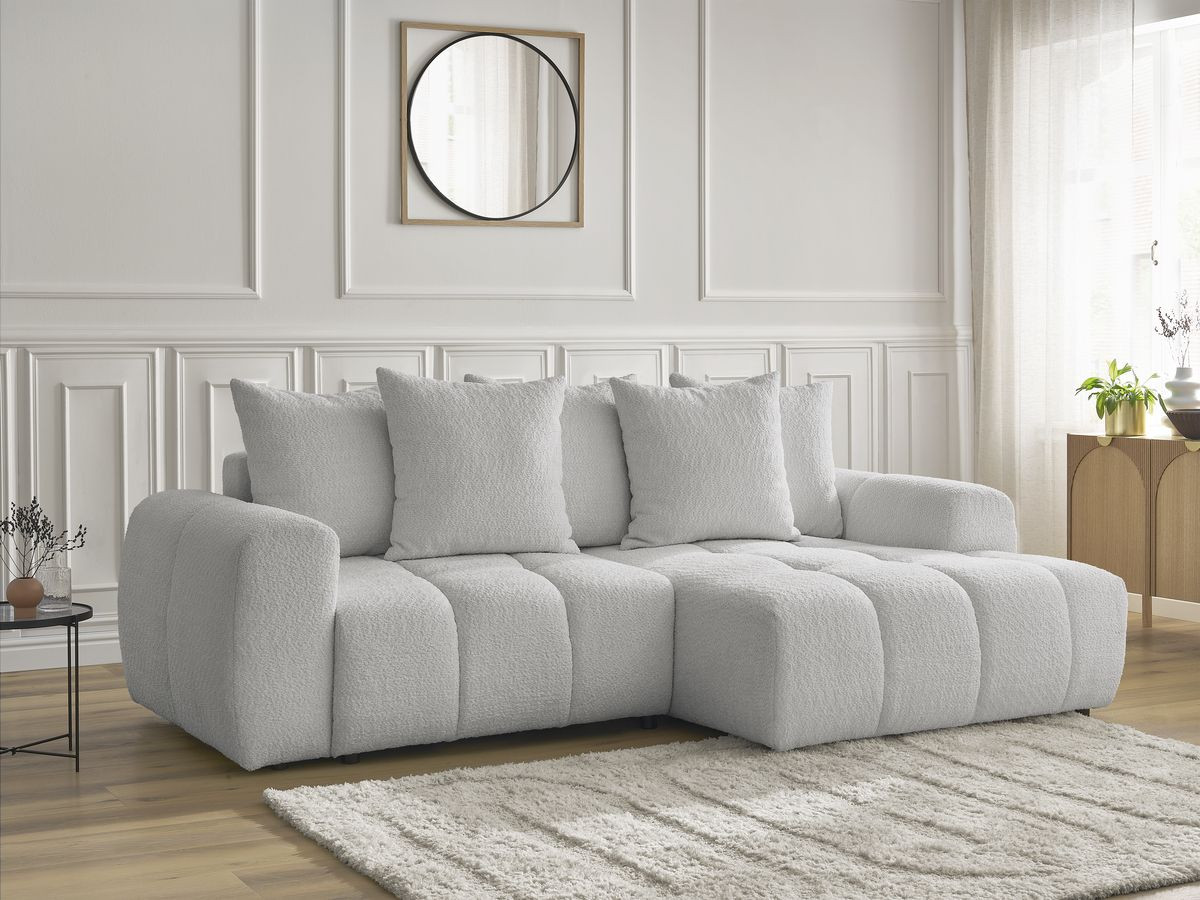 Bobochic Roxelane Ecksofa mit Schlaffunktion und Bettkasten 258 × 150 cm Bouclé-Stoff Hellgrau Ecke rechts