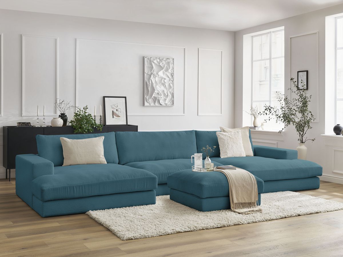 Bobochic Leonard Wohnlandschaft mit Pouf 349 × 159 cm Cordsamt Hellblau