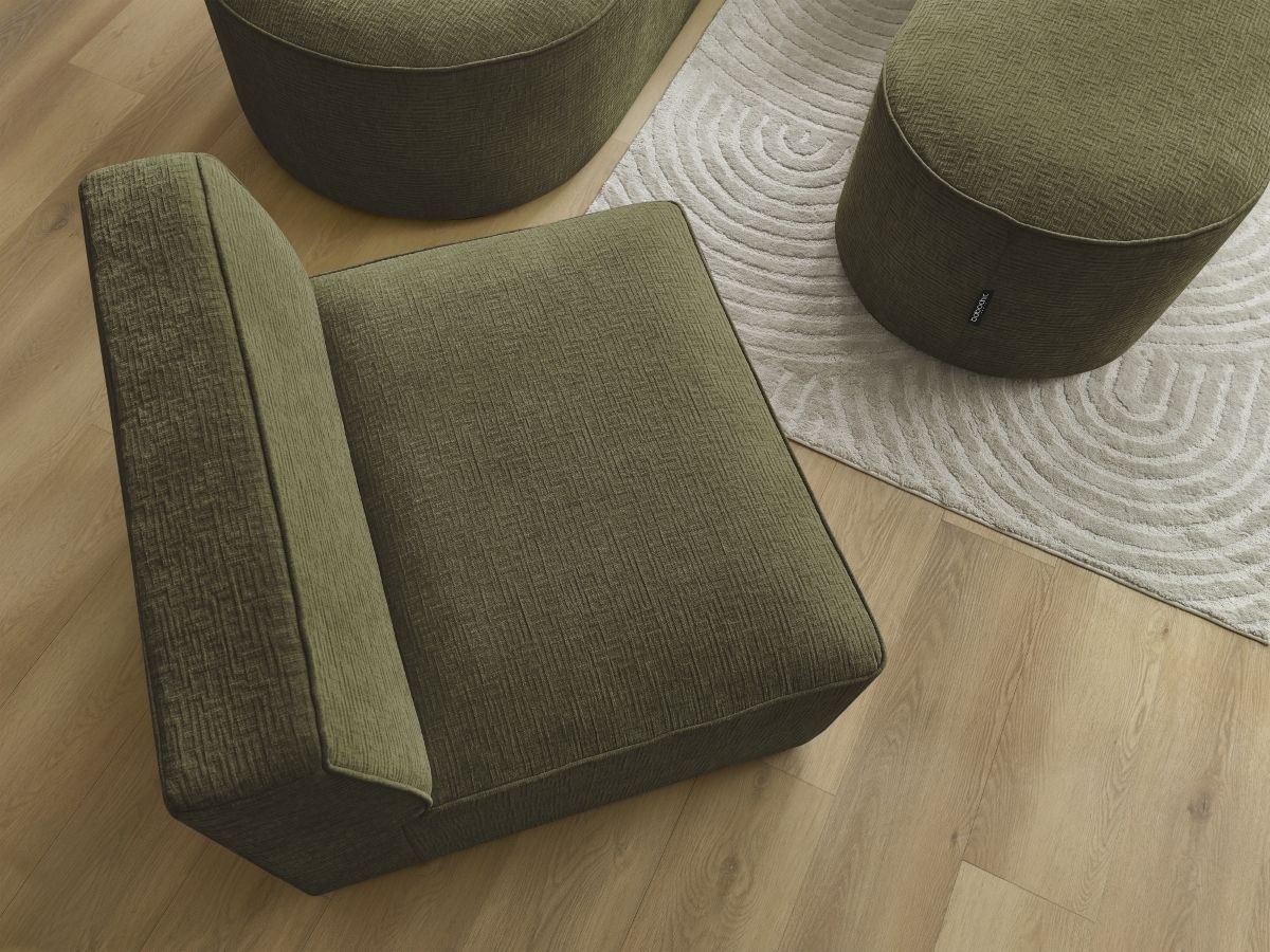 Bobochic Rousseau Ecksofa mit Sofamodul und Pouf Strukturstoff Grün Ecke rechts