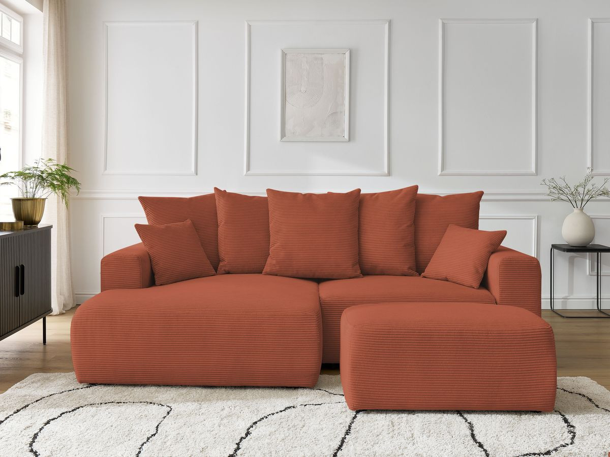 Bobochic Atilla Ecksofa mit Schlaffunktion und Bettkasten und Pouf Cordsamt Orange Ecke links