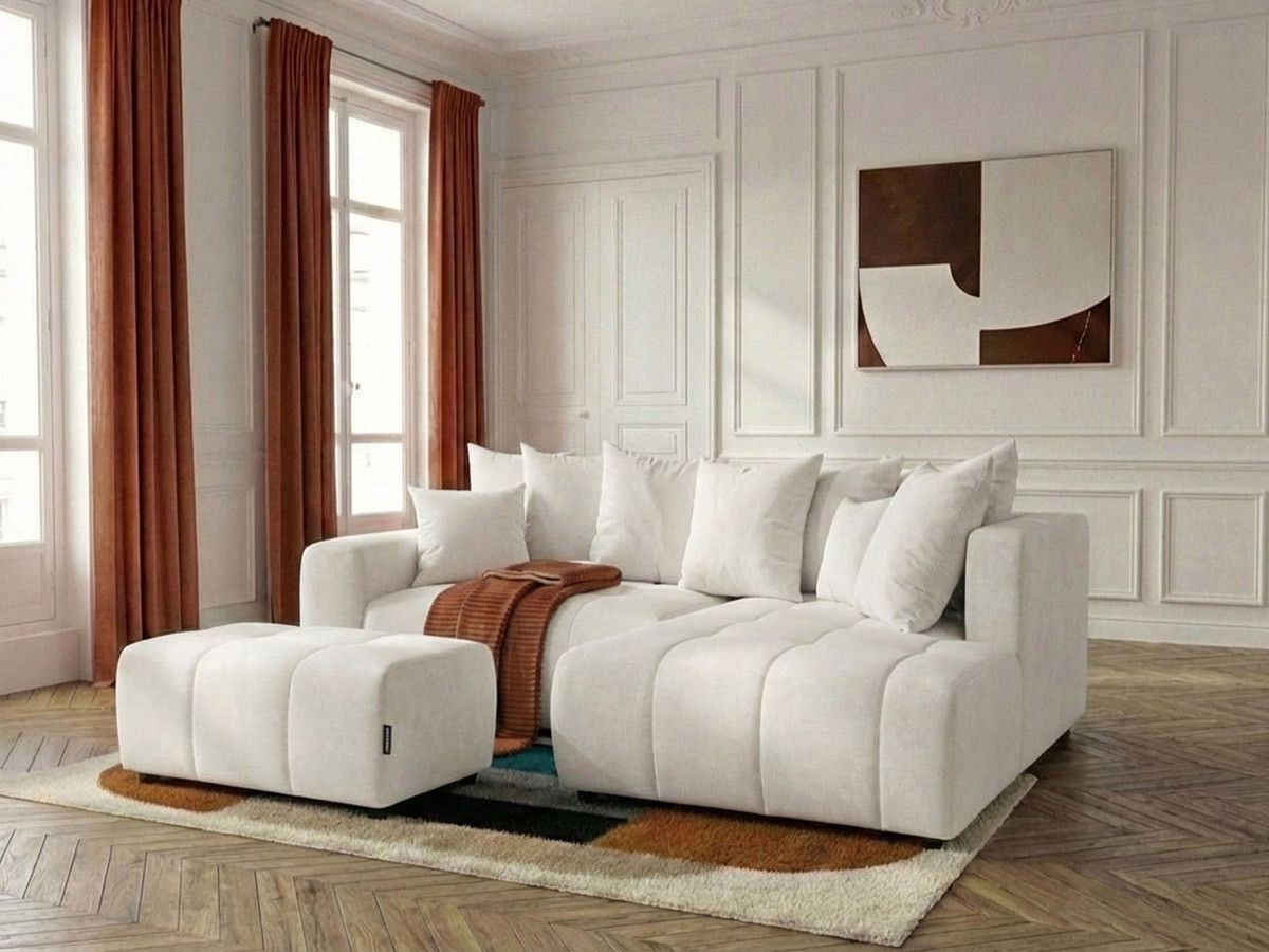 Bobochic Roxelane Ecksofa mit Schlaffunktion und Bettkasten und Pouf Melange-Stoff Weiß Ecke rechts