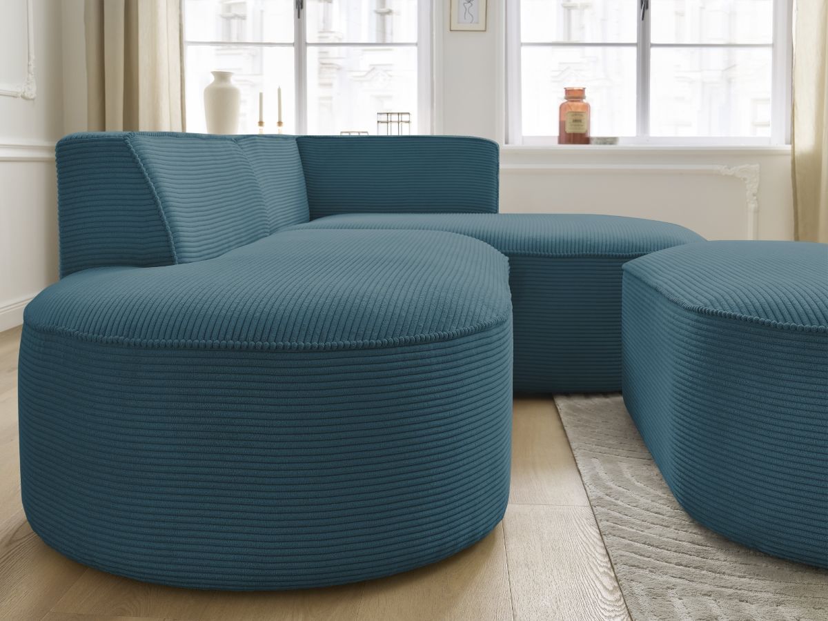 Bobochic Rousseau Ecksofa mit Pouf Cordsamt Dunkelblau Ecke rechts