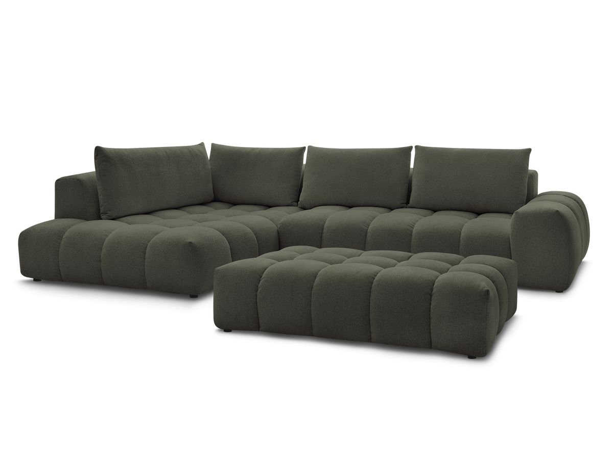 Bobochic Everest Ecksofa mit Schlaffunktion und Pouf, 4 Kissen Melange-Stoff Grün Ecke links