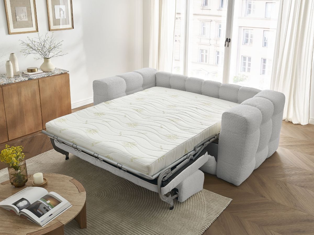 Bobochic Cloud Schlafsofa 3-Sitzer Bouclé-Stoff Hellgrau