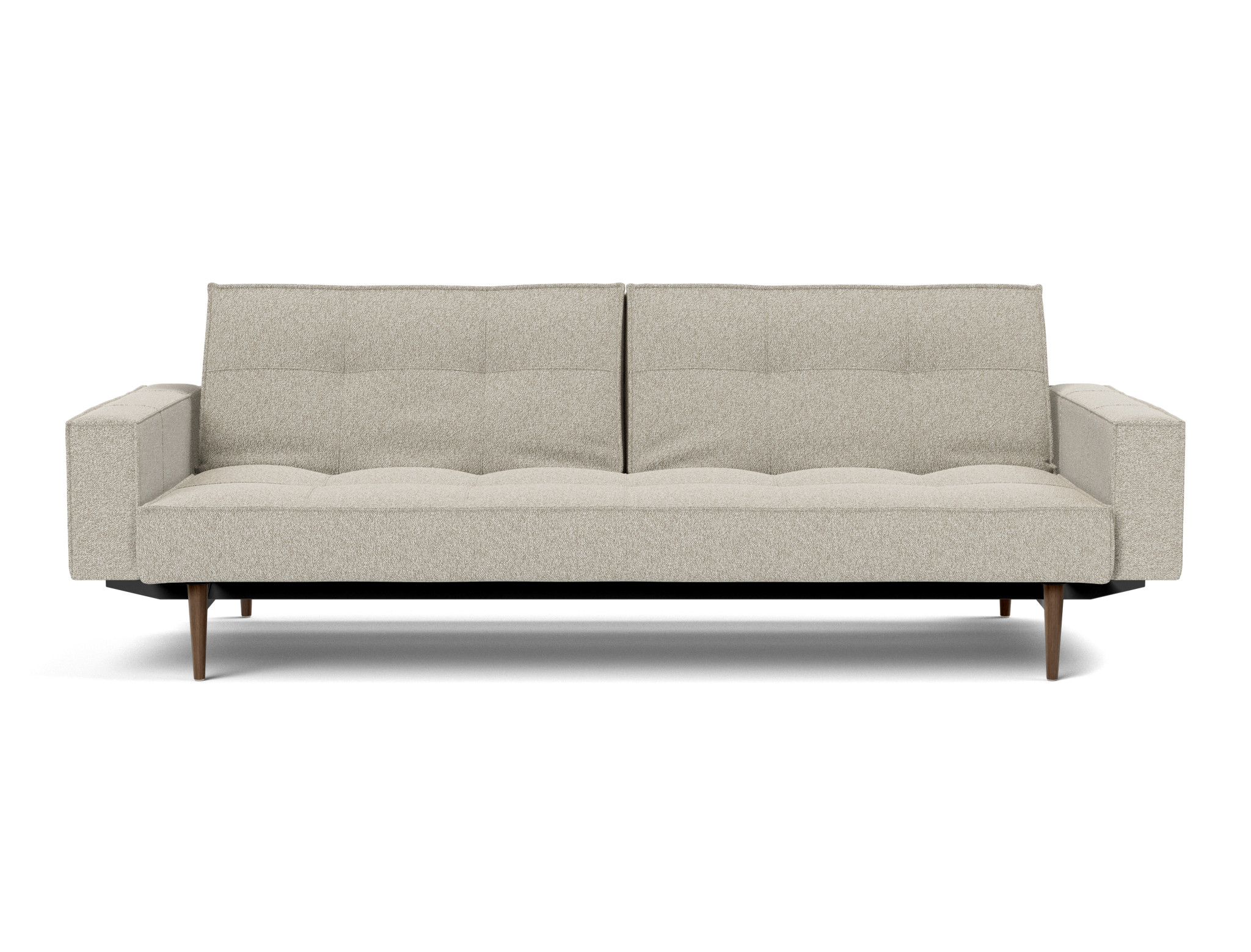 Schlafsofa Splitback mit Armlehnen Boucle Skandi 539-Beige Beine Styletto Eiche dunkel