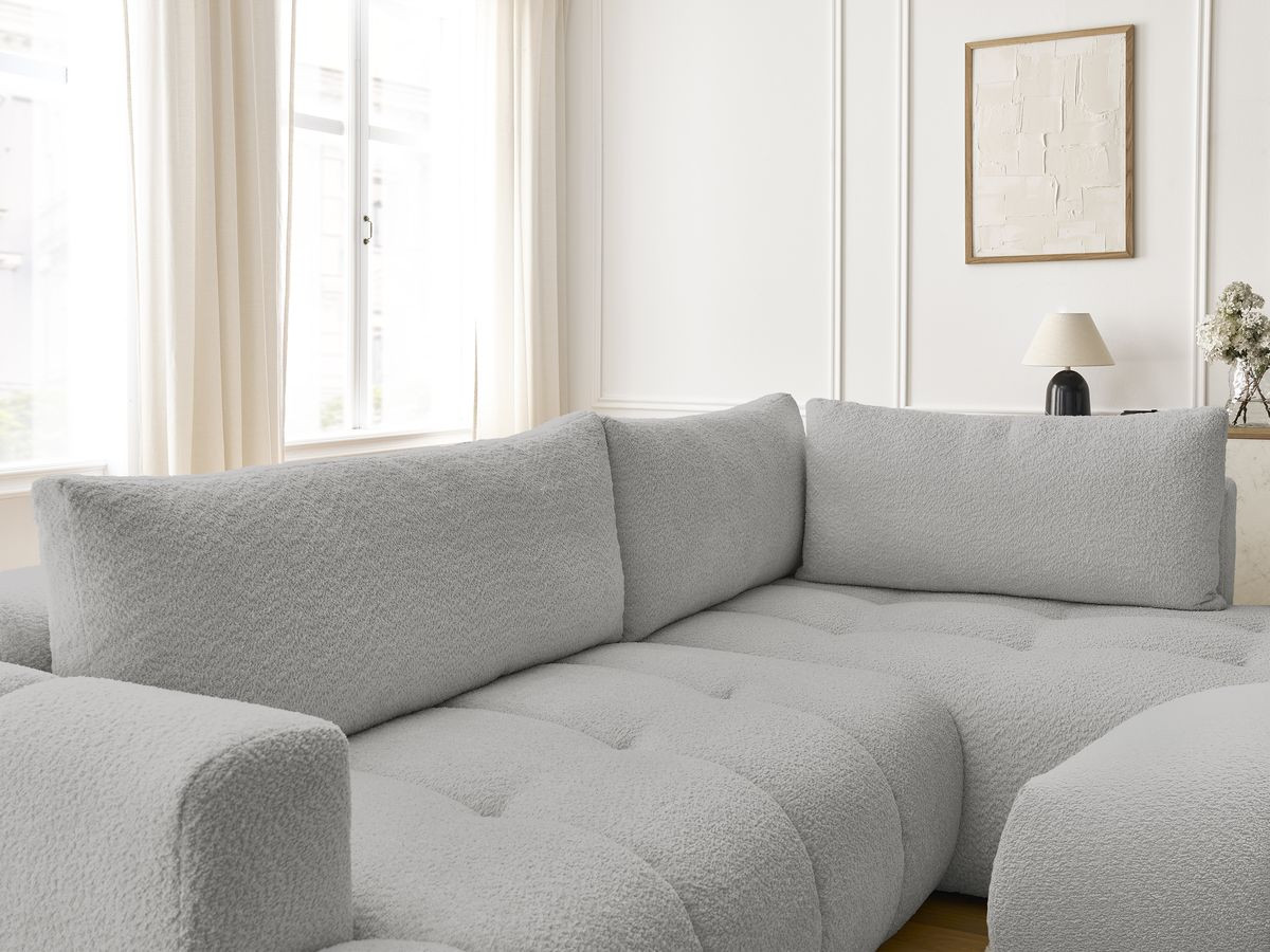 Bobochic Fuji Ecksofa mit Schlaffunktion und Bettkasten und Pouf 282 × 204 cm Bouclé-Stoff Hellgrau Ecke rechts