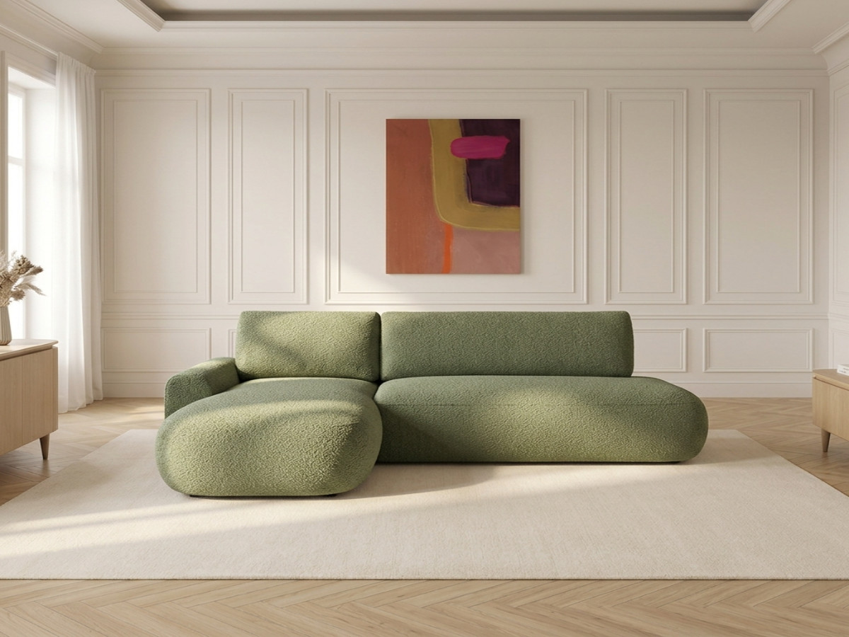 Bobochic Tango Ecksofa mit Schlaffunktion und Bettkasten Bouclé-Stoff Grün Ecke links
