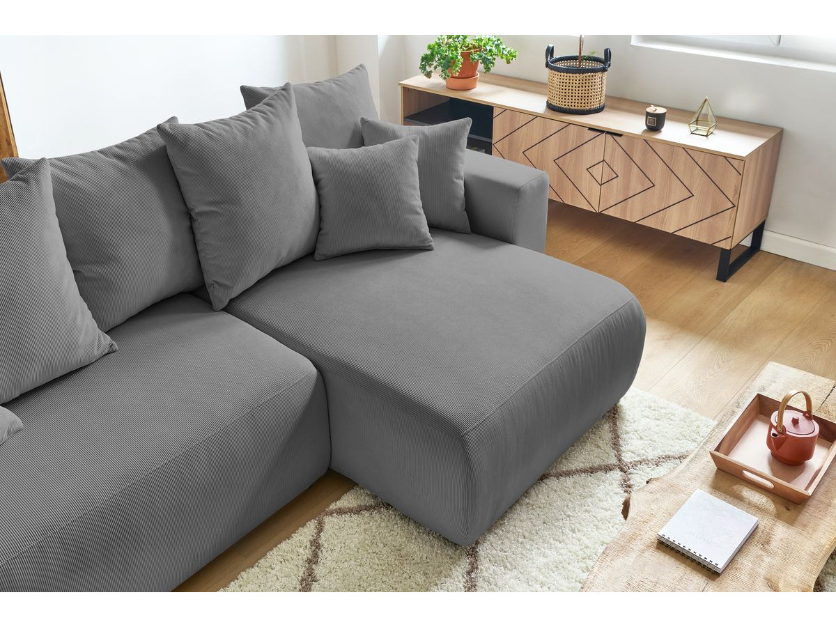 Bobochic Envy Ecksofa mit Schlaffunktion und Bettkasten und Pouf Cordsamt Dunkelgrau