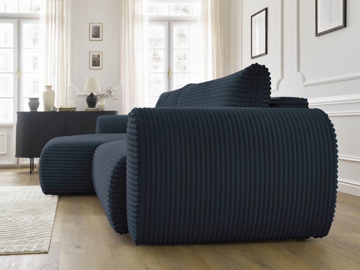 Bobochic Lucien Ecksofa mit Schlaffunktion und Bettkasten 314 × 167 cm Breitcord weich Dunkelblau Ecke links