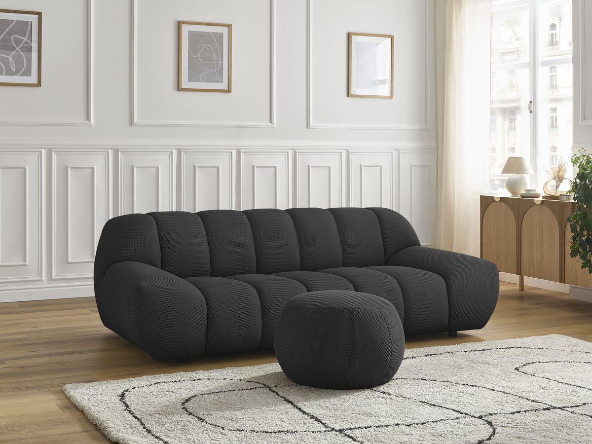Bobochic Hayden Sofa 3-Sitzer mit Pouf 226 × 107 cm Mesh-Stoff Schwarz