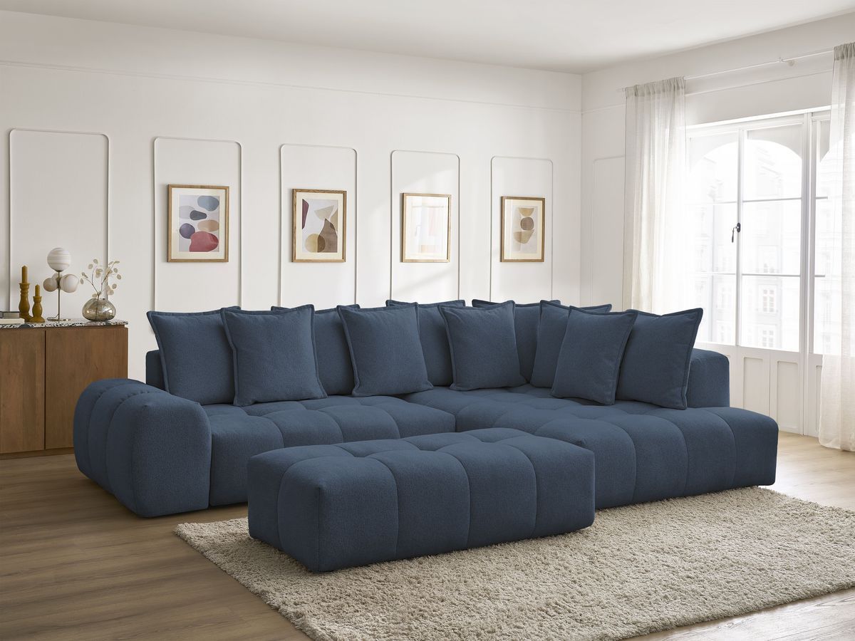 Bobochic Everest Ecksofa mit Schlaffunktion und Bettkasten und Pouf 320 × 212 cm, 10 Kissen Melange-Stoff Dunkelblau Ecke rechts