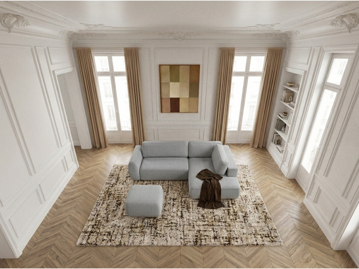 Bobochic Denise Ecksofa mit Schlaffunktion und Bettkasten und Pouf 256 × 197 cm Strukturstoff Hellgrau Ecke rechts
