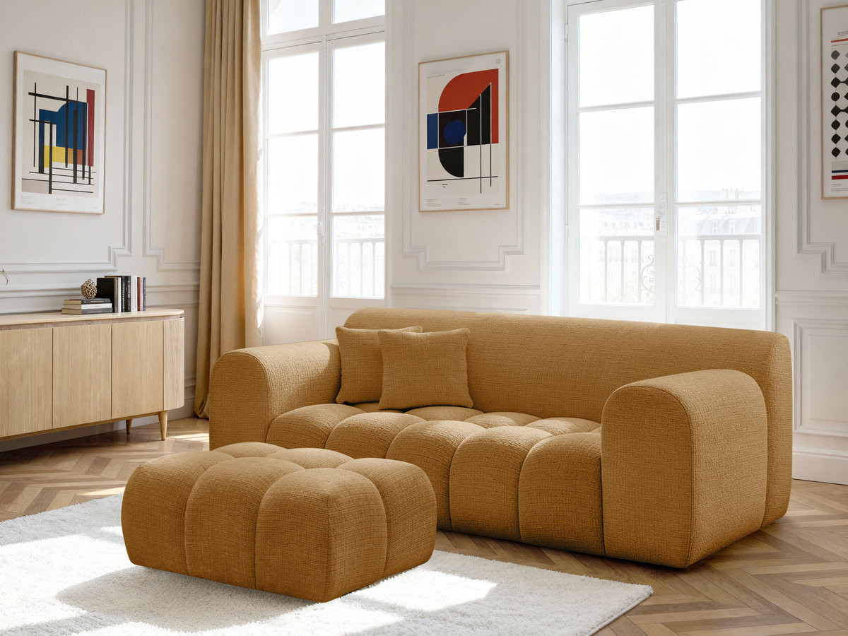 Bobochic Melisse Sofa 2-Sitzer mit Pouf Strukturstoff Gelb