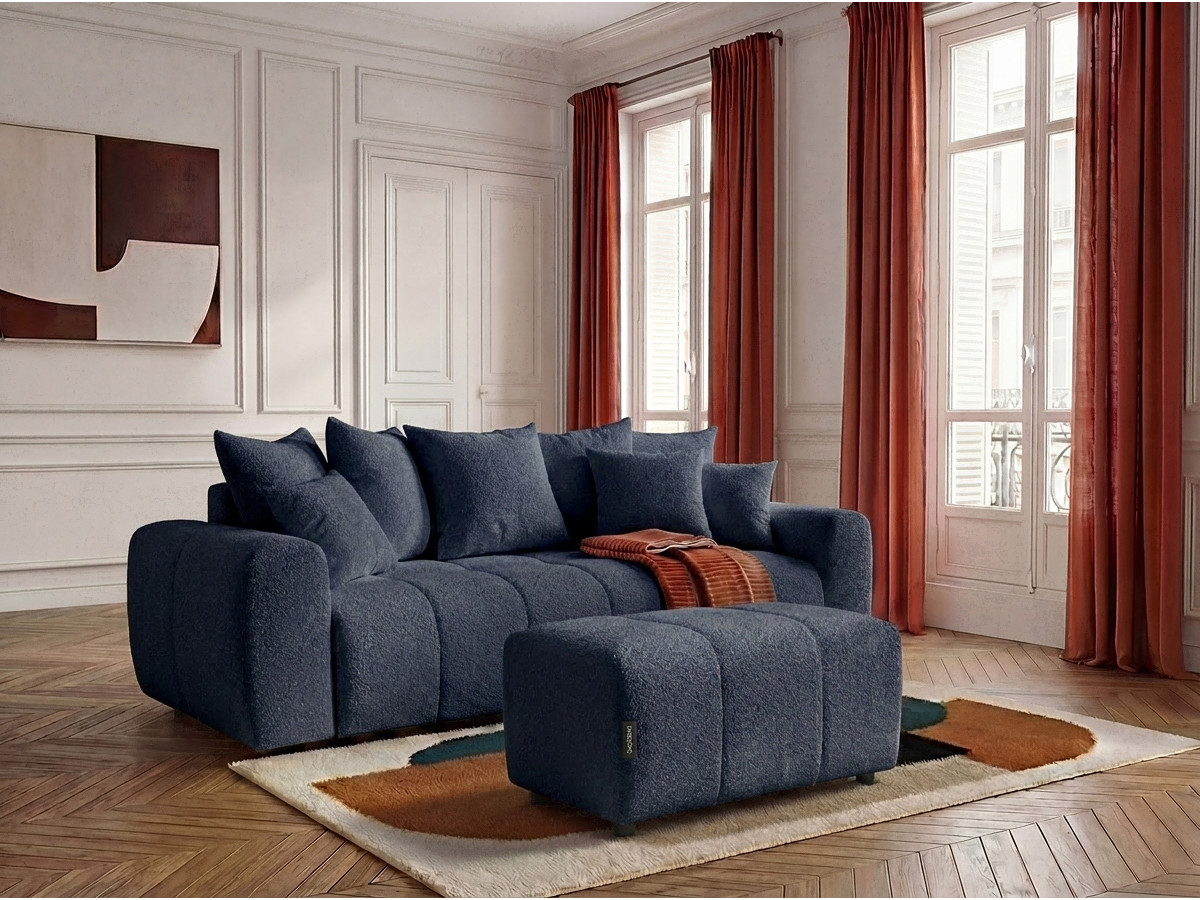 Bobochic Roxelane Schlafsofa 3-Sitzer mit Bettkasten und Pouf Bouclé-Stoff Dunkelblau