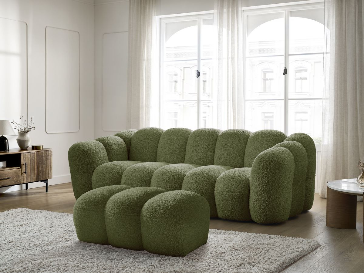 Bobochic Hippolyte Sofa 3-Sitzer mit Pouf Bouclé-Stoff Grün