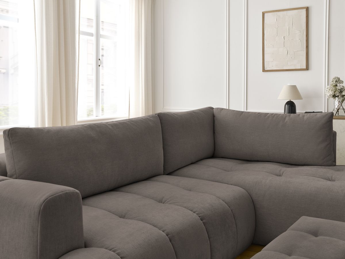 Bobochic Fuji Ecksofa mit Schlaffunktion und Bettkasten und Pouf 282 × 204 cm Stoff Taupe Ecke rechts