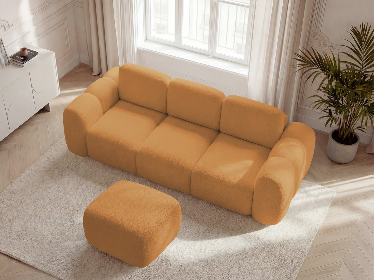 Bobochic Montaigne Schlafsofa 3-Sitzer mit Bettkasten und Pouf Bouclé-Stoff Gelb