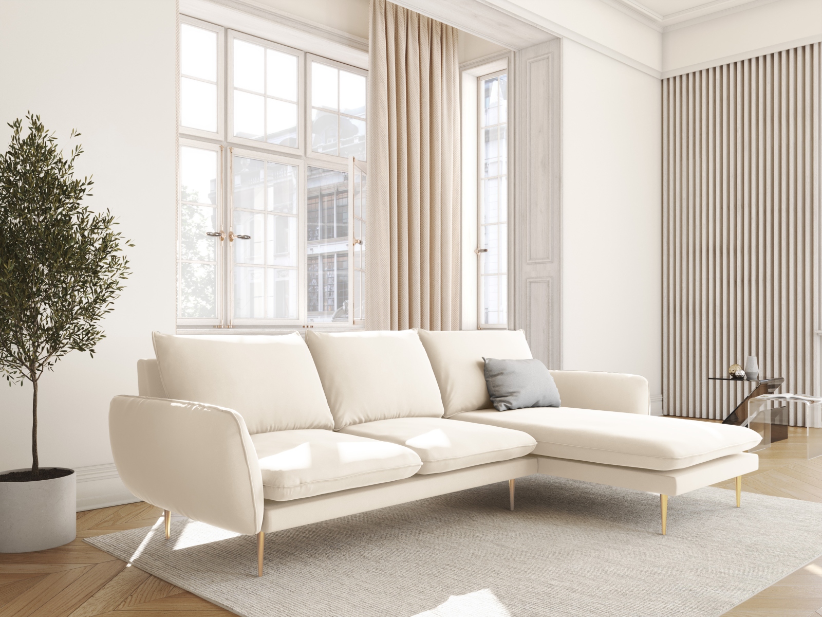 Cosmopolitan Design Ecksofa Vienna 5-Sitzer Samt Bluvel Helles Beige Rechts Beine Gold