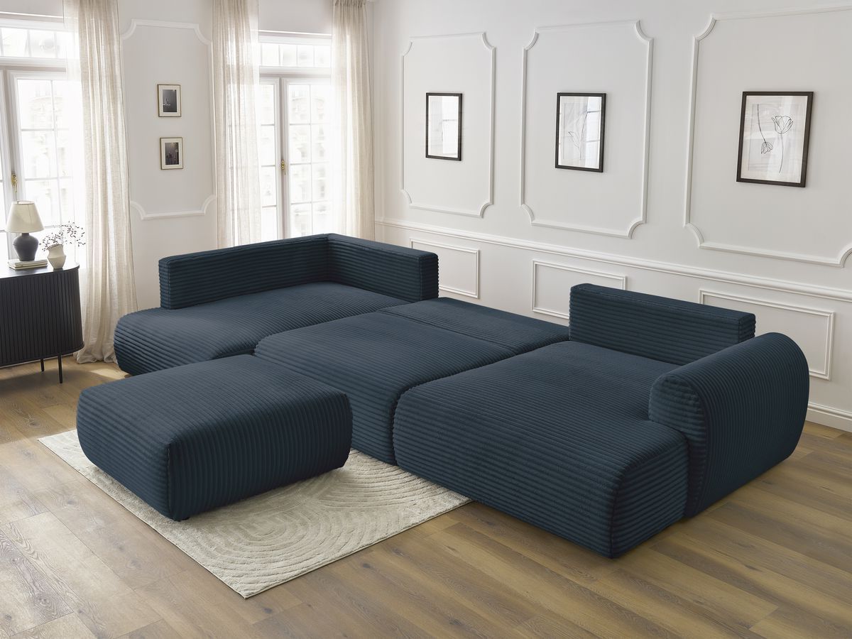 Bobochic Lucien Wohnlandschaft mit Pouf Breitcord weich Dunkelblau Ecke rechts