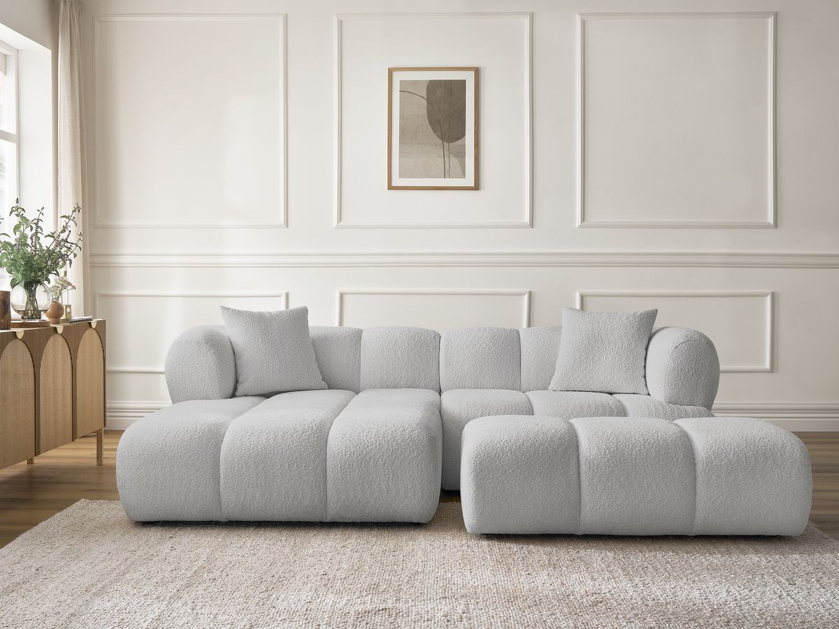 Bobochic Pamira Ecksofa mit Pouf Bouclé-Stoff Hellgrau Ecke links
