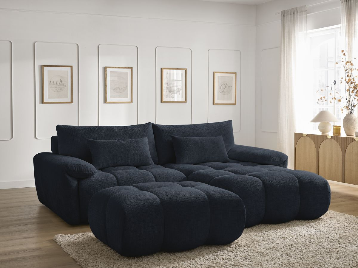 Bobochic Ivane Ecksofa mit Pouf Strukturstoff Dunkelblau Ecke rechts