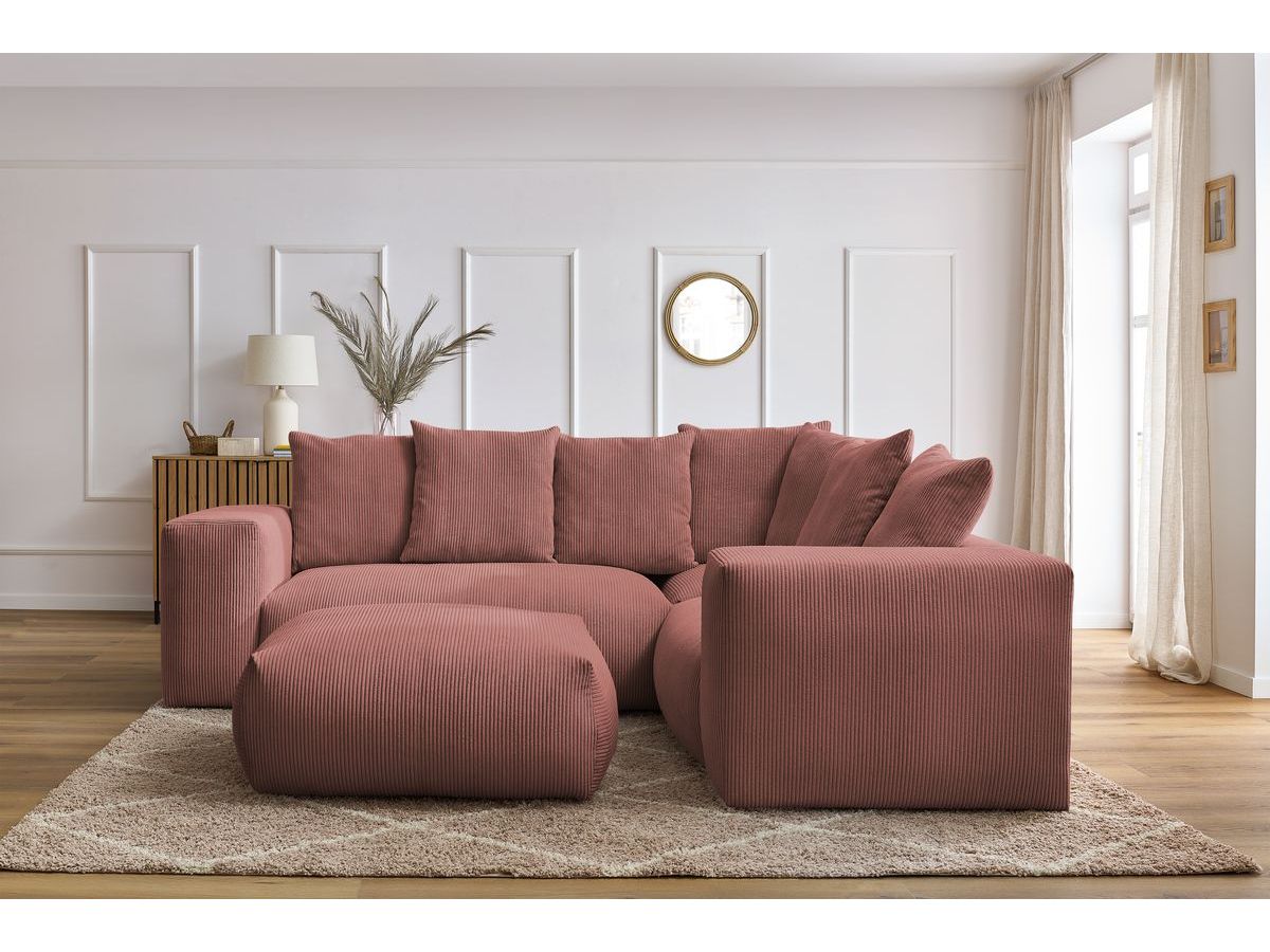Bobochic Voltaire Ecksofa mit Pouf 268 × 214 cm Cordsamt Rosa Ecke rechts
