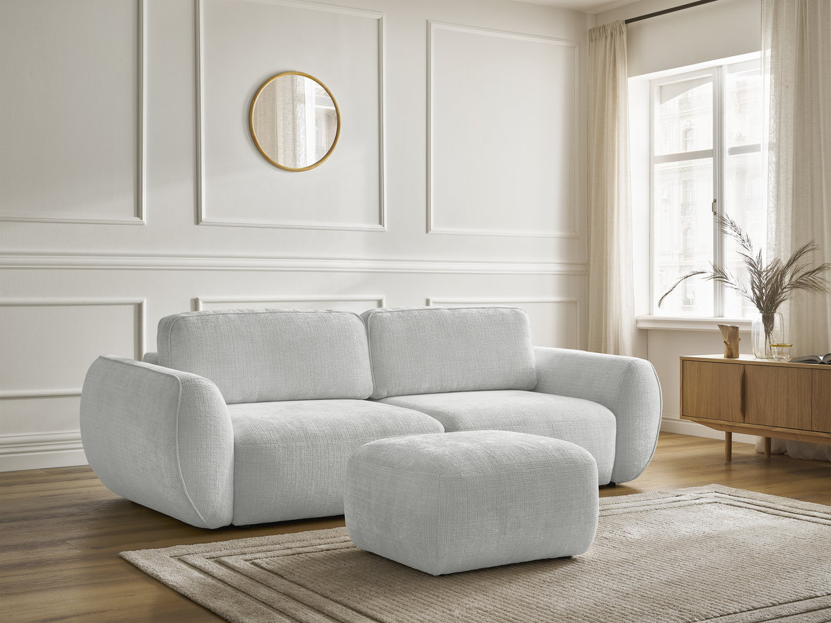 Bobochic Denise Schlafsofa 3-Sitzer mit Bettkasten und Pouf Strukturstoff Hellgrau
