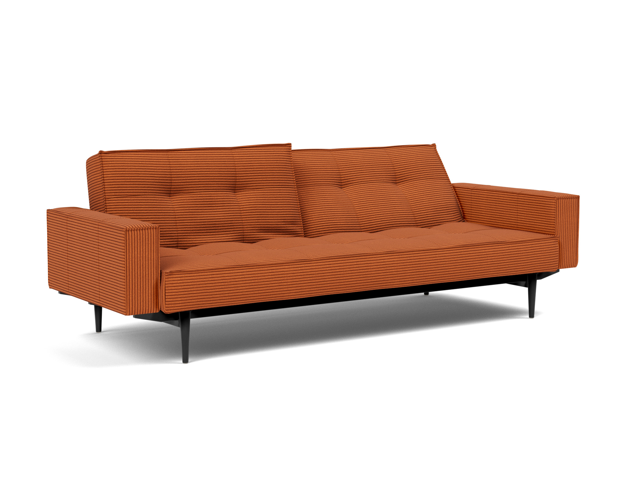 Schlafsofa Splitback mit Armlehnen Kord Corduroy 595-Burnt-Orange Beine Styletto Eiche schwarz