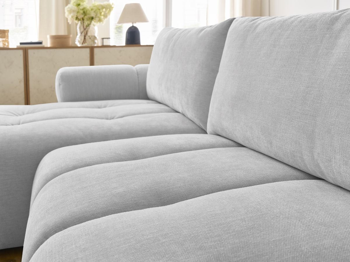 Bobochic Fuji Ecksofa mit Schlaffunktion und Bettkasten und Pouf 292 × 160 cm Stoff Hellgrau Ecke links