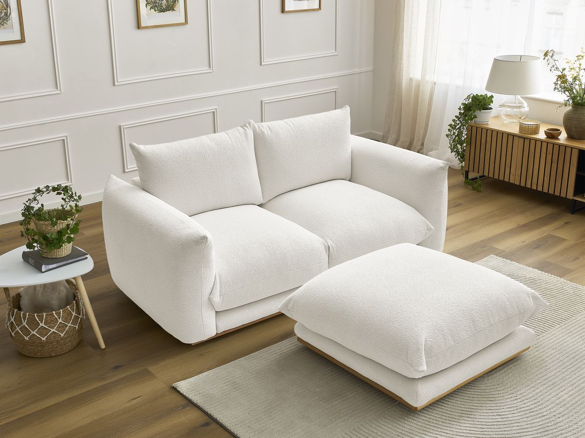 Bobochic Ernest Sofa 3-Sitzer mit Pouf 193 × 106 cm Bouclé-Stoff Weiß