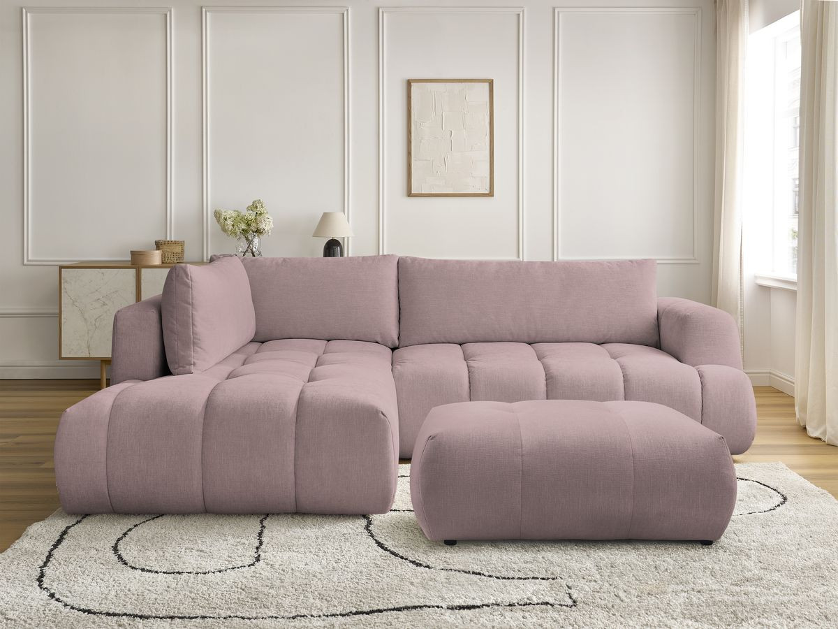 Bobochic Fuji Ecksofa mit Schlaffunktion und Bettkasten und Pouf 282 × 204 cm Stoff Rosa Ecke links