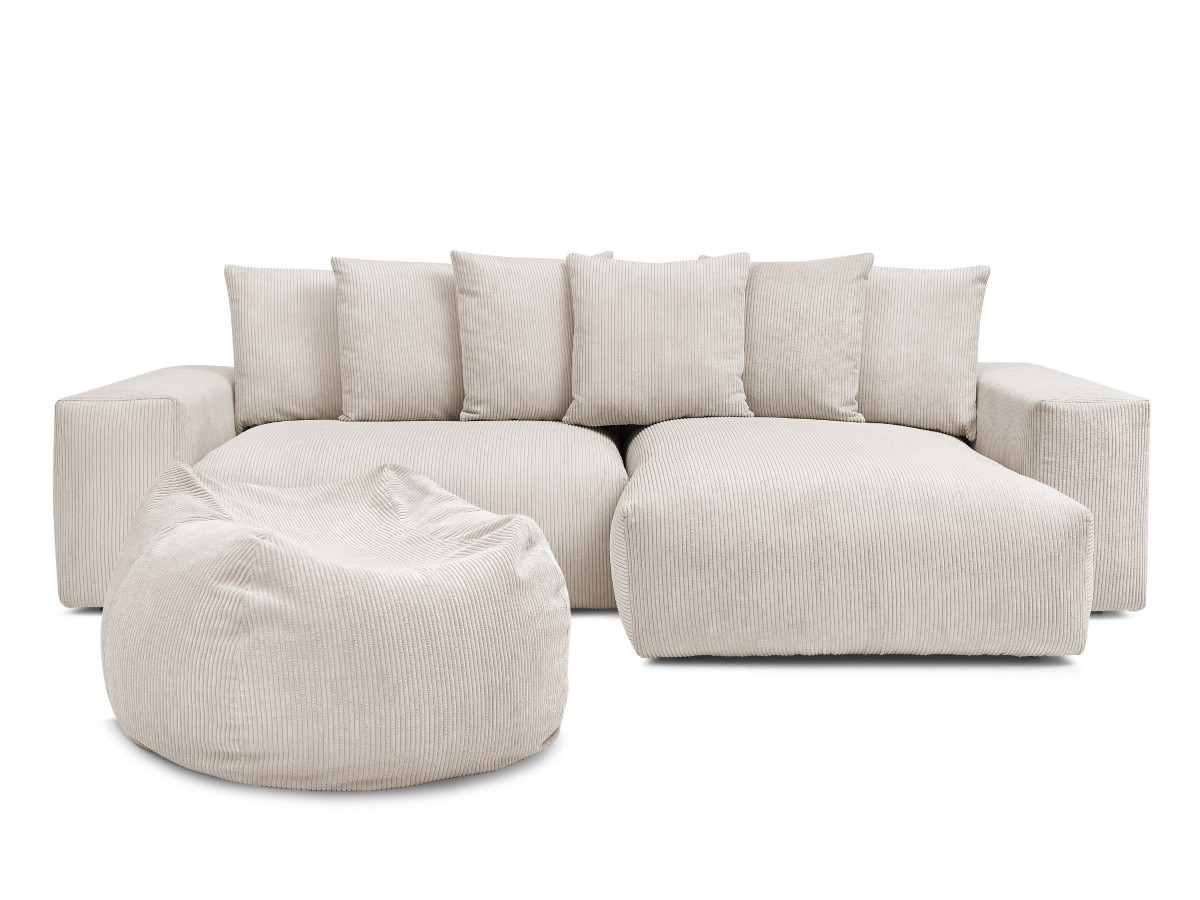 Bobochic Voltaire Ecksofa mit Pouf 310 × 174 cm Cordsamt Beige