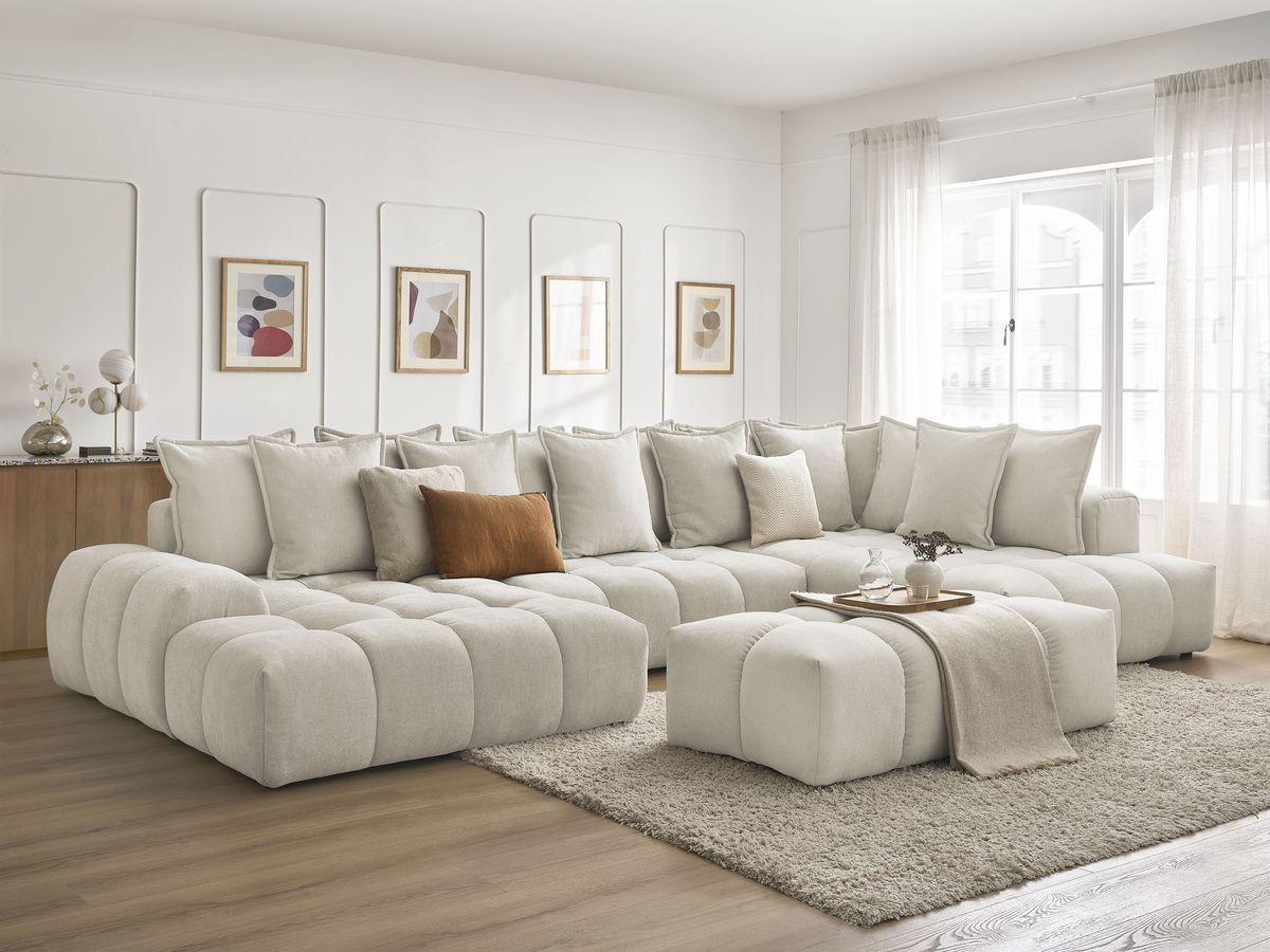 Bobochic Everest Wohnlandschaft mit Pouf, 14 Kissen Strukturstoff Beige Ecke links