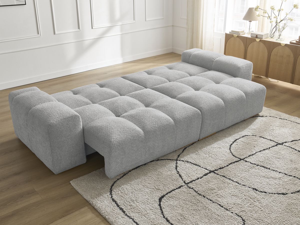 Bobochic Anakin Schlafsofa 3-Sitzer mit Bettkasten, 2 Kissen Bouclé-Stoff Hellgrau