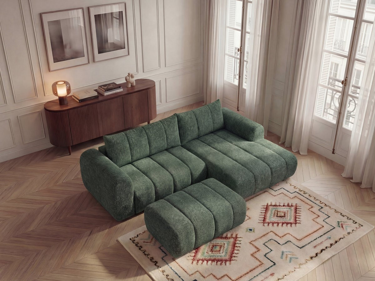 Bobochic Nesty Ecksofa 272 cm mit Pouf Melange-Stoff Dunkelgrün Ecke rechts