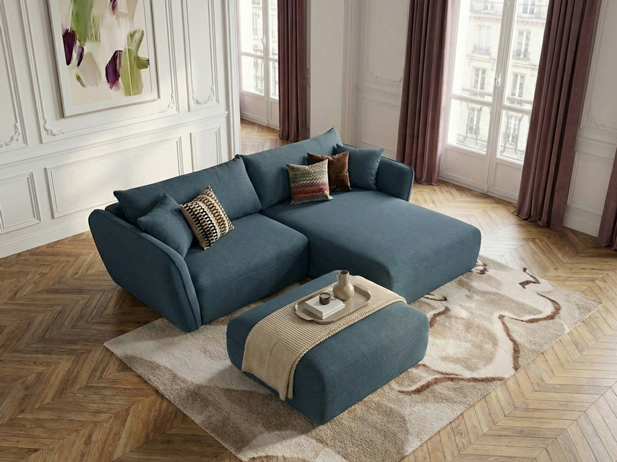 Bobochic Luigi Ecksofa mit Pouf Strukturstoff Blau Ecke rechts