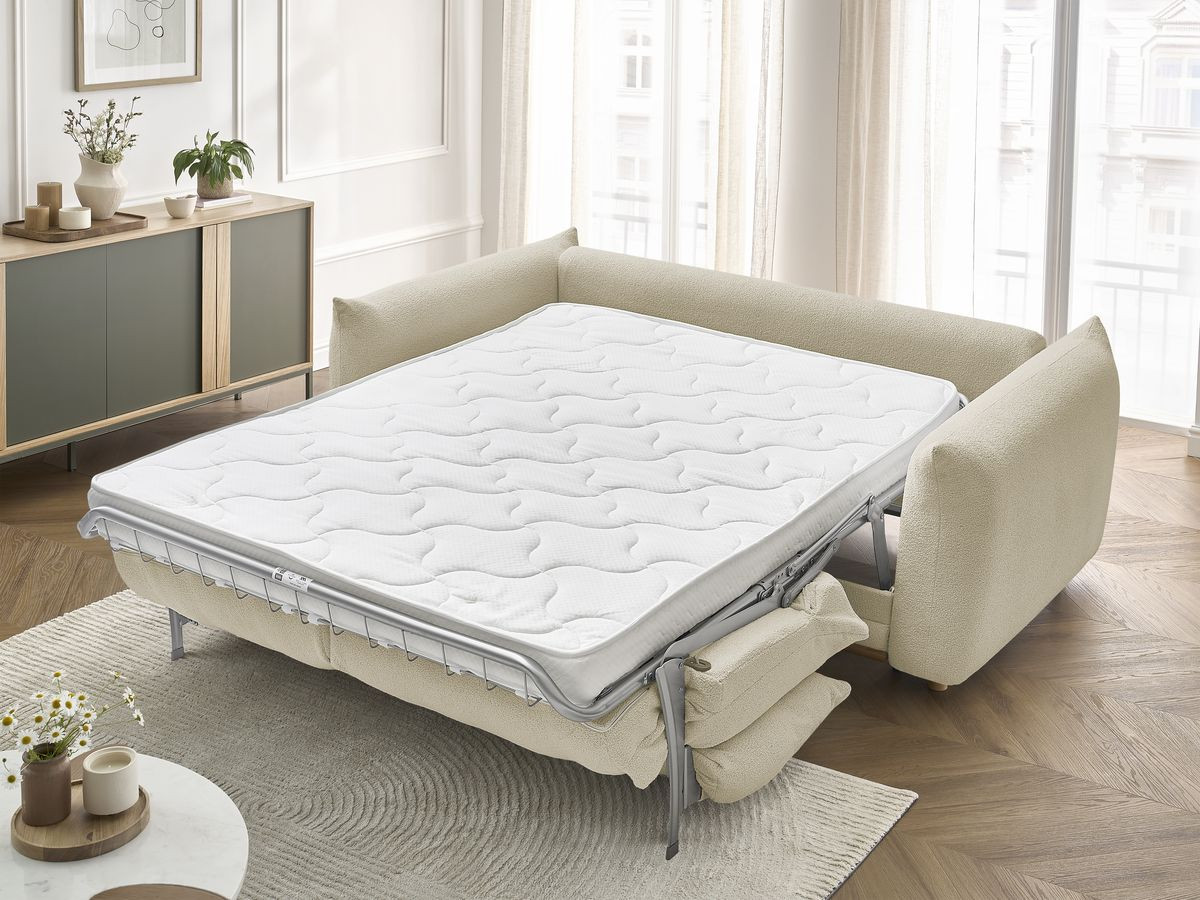 Bobochic Ernest Schlafsofa 3-Sitzer, Liegefläche 190 × 140 / 160 cm Bouclé-Stoff Beige, Liegefläche 140 × 190 cm