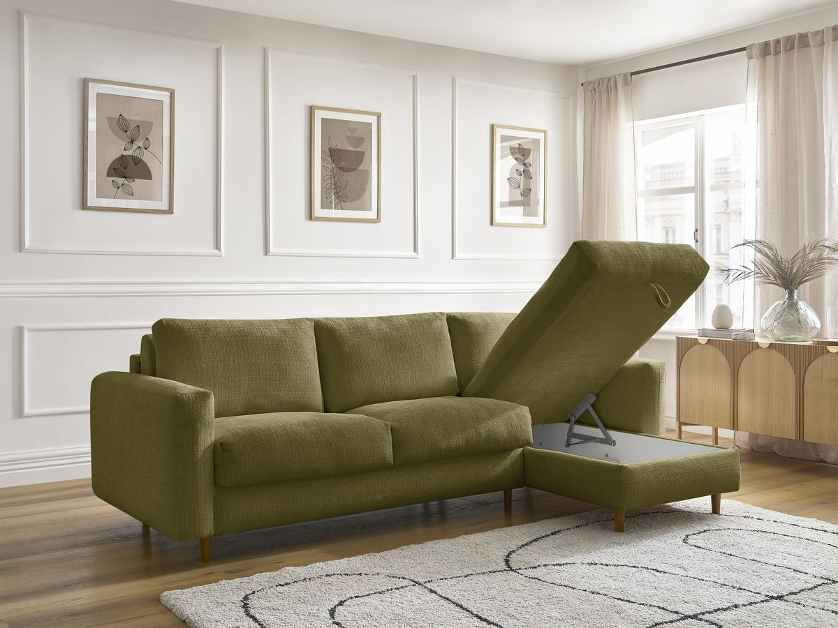 Bobochic Cocoone Ecksofa mit Schlaffunktion und Bettkasten Strukturstoff Grün, Liegefläche 140 × 200 cm