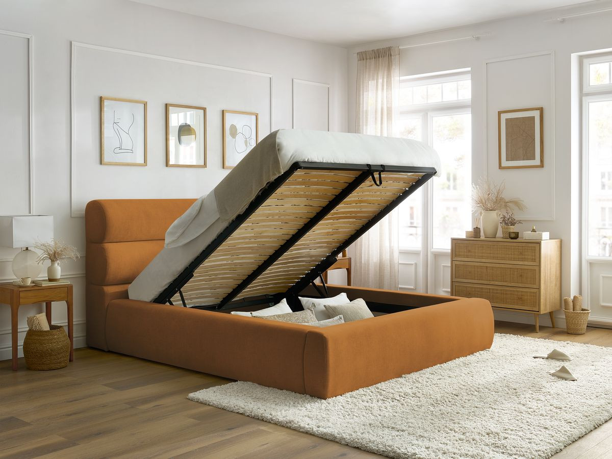 Bobochic Jagna Polsterbett mit Bettkasten Stoff Gelb, Liegefläche 140 × 190 cm