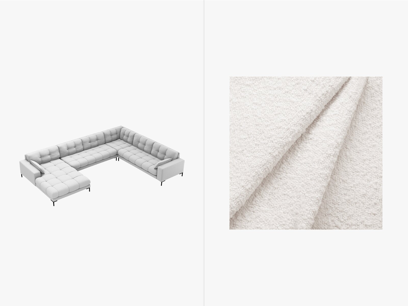 Micadoni Wohnlandschaft Mamaia 7-Sitzer Rechts Boucle Baloo Weiß schwarze Beine