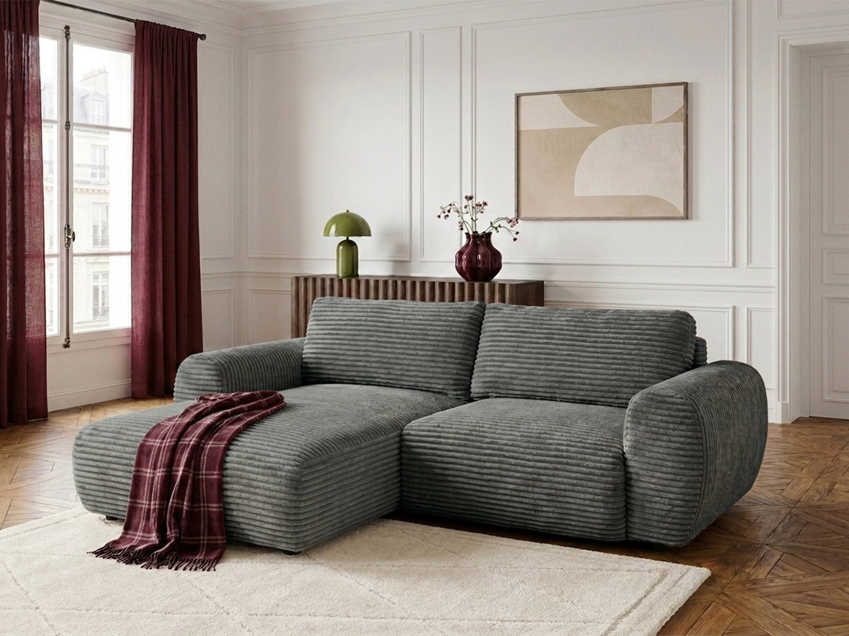 Bobochic Lucien Ecksofa mit Schlaffunktion und Bettkasten Breitcord weich Dunkelgrau Ecke links