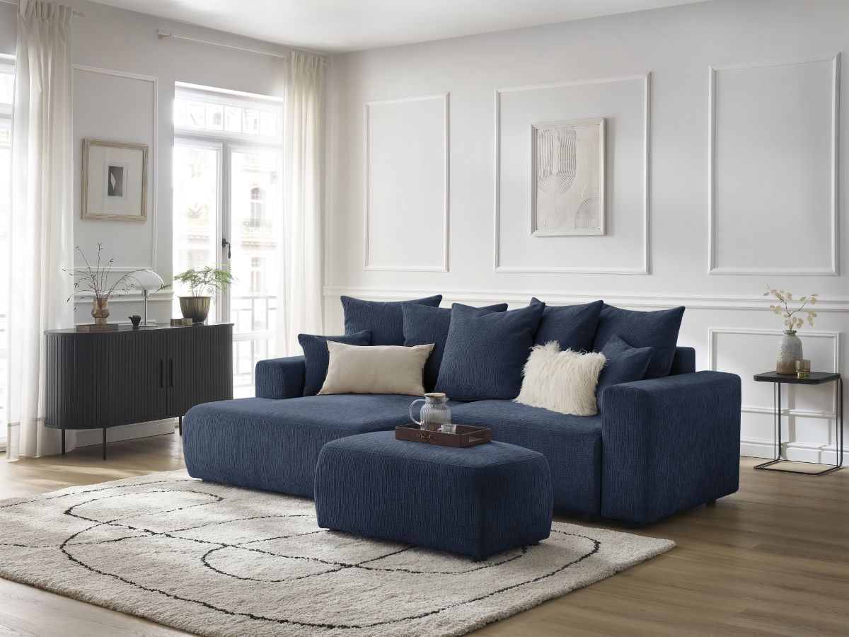 Bobochic Atilla Ecksofa mit Schlaffunktion und Bettkasten und Pouf Strukturstoff Dunkelblau Ecke links