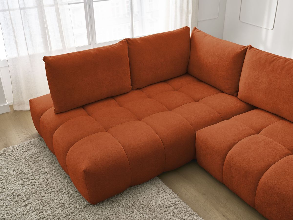 Bobochic Everest Ecksofa mit Schlaffunktion und Bettkasten 320 × 212 cm, 5 Kissen Strukturstoff Orange Ecke links